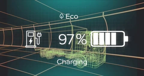 Wireframe truck HUD charging plug activating battery% rising to 100% then Vídeo Stock 328657021