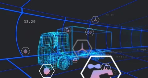 Wireframe truck model animating data when hexagon bar chart icon fading in to Stock Footage 328084104