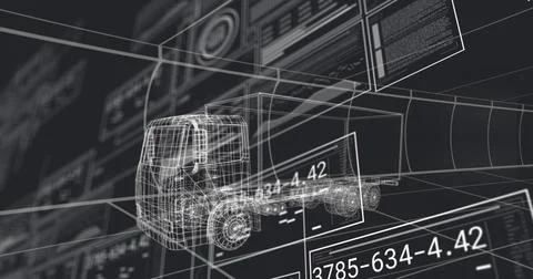 Wireframe truck model showing cab and wheels floating in virtual editor HUD Illustration