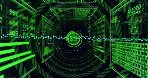 Wireframe tunnel activating waveform reaching central node, panels sliding back Stock Footage 312905261