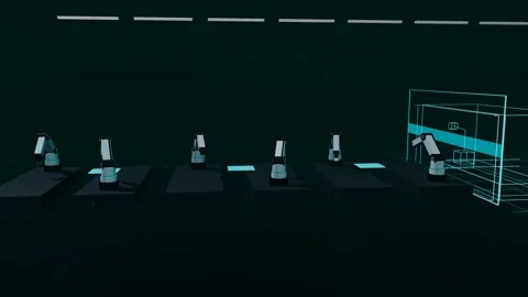 Wireframe Twin Of A Compact Single Arm Robot Cell Bank Running Beside The Real Stock Footage 344638616