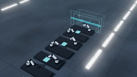Wireframe Twin Of A Compact Single Arm Robot Cell Bank Running Beside The Real Video stock 344638631