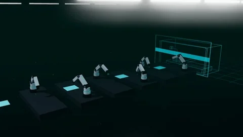 Wireframe Twin Of A Compact Single Arm Robot Cell Bank Running Beside The Real Stock Footage 344638641