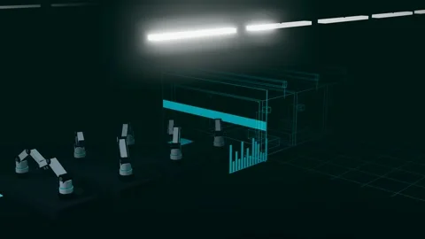 Wireframe Twin Of A Fourteen Cell Robot Line With A Gantry Running Beside The Stock Footage 344638645