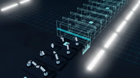 Wireframe Twin Of A Fourteen Cell Robot Line With A Gantry Running Beside The Vídeos de archivo 344638702