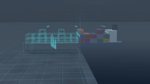 Wireframe Twin Resolving Along A Laden Container Ship In A Wide Long Shot Видео 344642381
