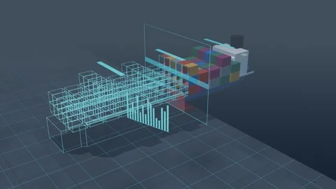 Wireframe Twin Resolving Along A Laden Container Ship From High Above Vídeos de archivo 344642515