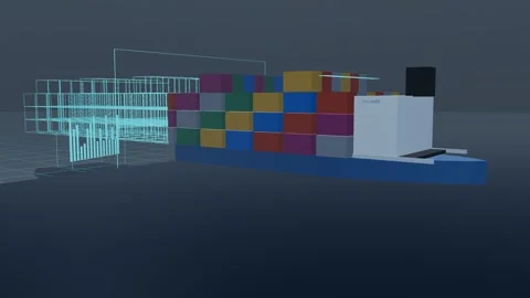 Wireframe Twin Resolving Along A Large Deep Sea Container Ship On The Stern Video stock 344642346