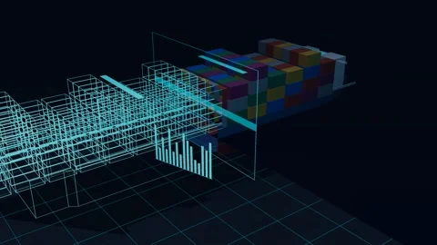 Wireframe Twin Resolving Along A Large Deep Sea Container Ship From High Above Stock-Footage 344642424
