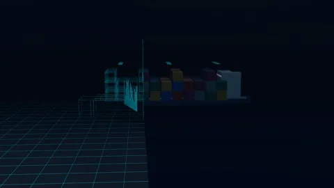 Wireframe Twin Resolving Along A Small Container Ship On Flat Water In A Wide Stock Footage 344641080