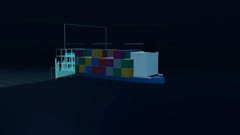 Wireframe Twin Resolving Along A Small Container Ship On Flat Water On The Vídeos de archivo 344641082
