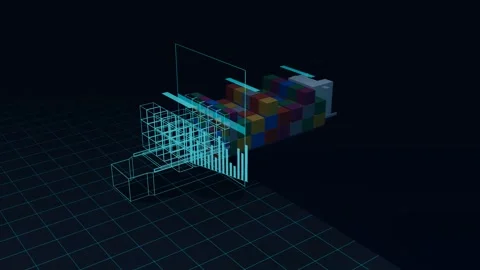 Wireframe Twin Resolving Along A Small Container Ship On Flat Water From High Vídeos de archivo 344641182