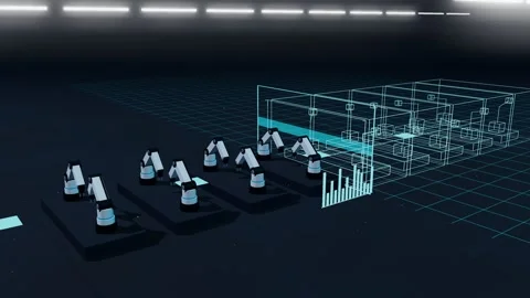 Wireframe Twin Of A Robot Assembly Line Running Beside The Real Cells Stock Footage 344562302