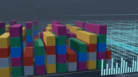 Wireframe Twin Sweeping A Deep Stacked Three Block Container Yard Across The Stock Footage 344642903