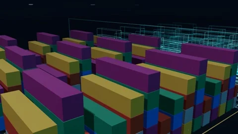 Wireframe Twin Sweeping A Deep Stacked Three Block Container Yard At An Oblique 스톡 동영상 344643068