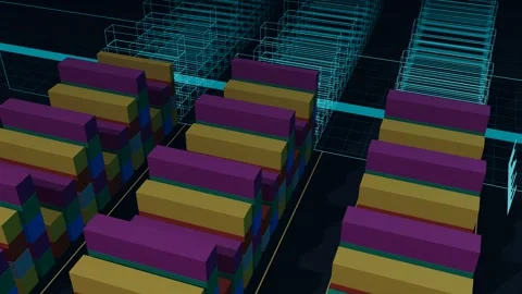 Wireframe Twin Sweeping A Deep Stacked Three Block Container Yard From A Steep Stock Footage 344643069
