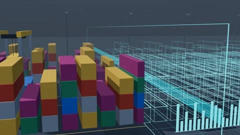 Wireframe Twin Sweeping A Three Block Container Yard Under A Gantry Crane Stock Footage 344642739