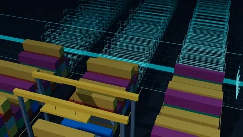 Wireframe Twin Sweeping A Three Block Container Yard Under A Gantry Crane From Video stock 344642836