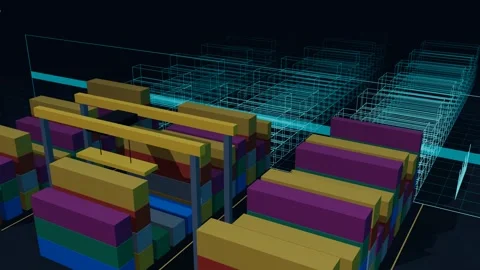 Wireframe Twin Sweeping A Three Block Container Yard Under A Gantry Crane From Stock Footage 344642837