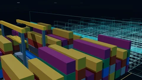 Wireframe Twin Sweeping A Three Block Container Yard Under A Gantry Crane At An Stock Footage 344642838