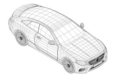 Wireframe of a two door modern car made of black lines isolated on a white Stock Illustration