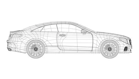 Wireframe of a two door modern car made of black lines isolated on a white Stock Illustration