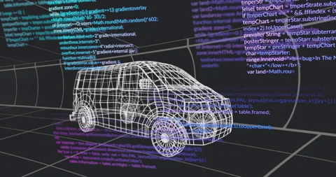 Wireframe van 3D model floating over grid floor while cyan white purple code Stock Footage 307453113