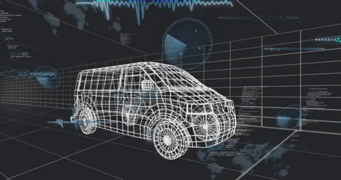 Wireframe van model floating in dark virtual grid, displaying waveform graphs, Video stock 307443632