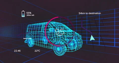 Wireframe van model hovering over blue grid, showing speedometer gauge, battery Stock Footage 309145175