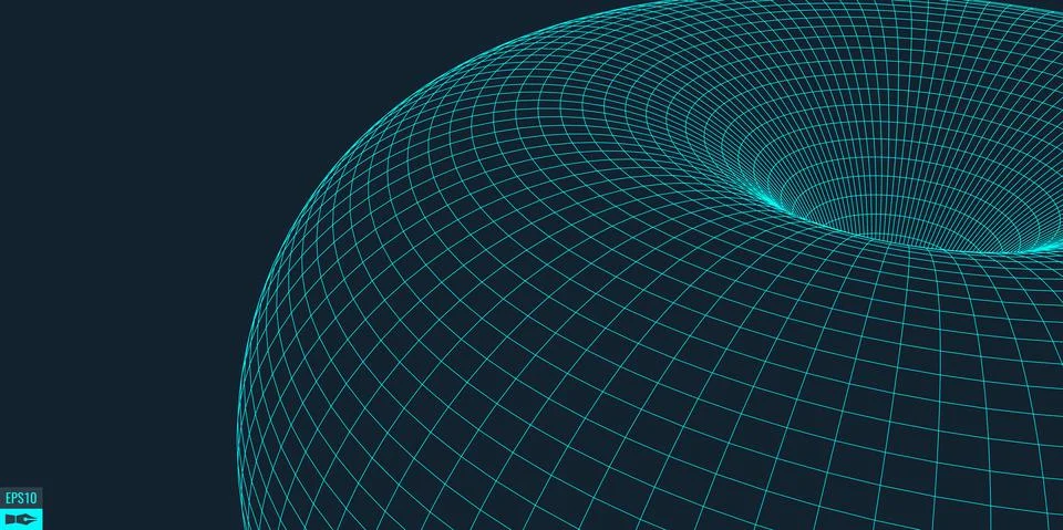 Wireframe vector torus background. Wormhole concept. Funnel perspective grid Stock Illustration