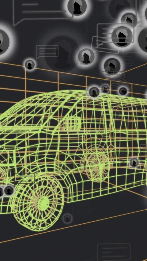 Wireframe vehicle with animation surrounded by digital network icons in school Stock Footage 344370493
