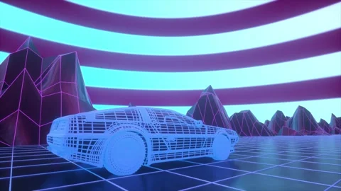 Wireframe Vehicle Rendered in 80s Style Synthwave Sci-Fi Environment Stock Footage 326792823