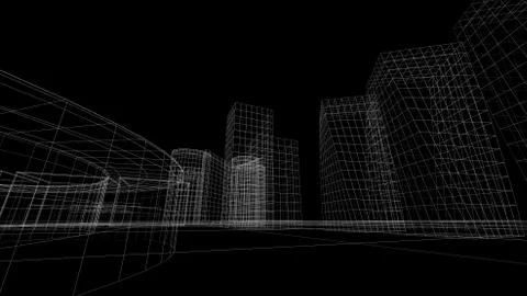 Wireframe view of some buildings with a black background Ilustración de archivo