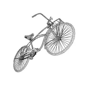 Wireframe vintage bicycle, vector. Black and white retro bicycle. 3D Stock Illustration