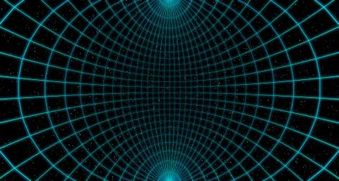 Wireframe of virtual empty curved cyberspace reality room with stars on black Stock Photos