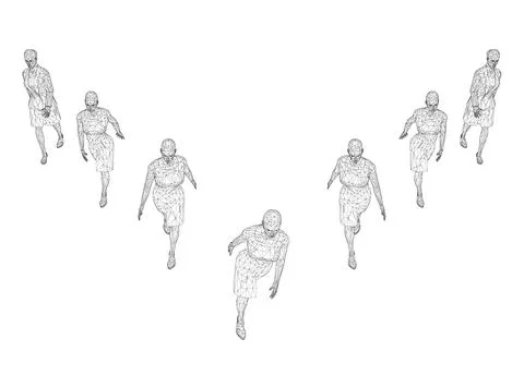 Wireframe of walking people in two rows of black lines isolated on white Stock Illustration