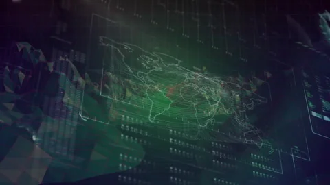 Wireframe world map spinning in dashboard, showing floating data points and grid Video stock 308025359