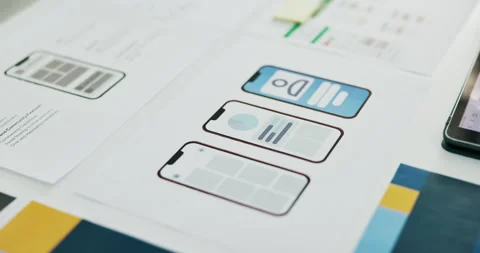 Wireframes, phone and illustration with documents for software development, UI Stock Footage 318236662