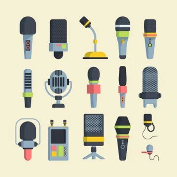 Wireless and wired microphones flat vector illustrations set Ilustração Stock