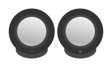 Wireless black computer speakers, round shape with metal center. Desktop compact Stock Illustration