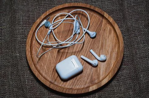 Wireless bluetooth earphone and wired headphones,or earbud or headphone, Stock Photos