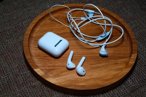 Wireless bluetooth earphone and wired headphones,or earbud or headphone, Stock Photos