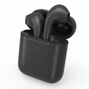 Wireless bluetooth headphones in black case isolated on white background Stock Illustration