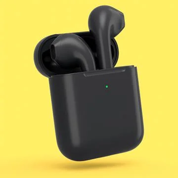 Wireless bluetooth headphones in black case isolated on yellow background Stock Illustration