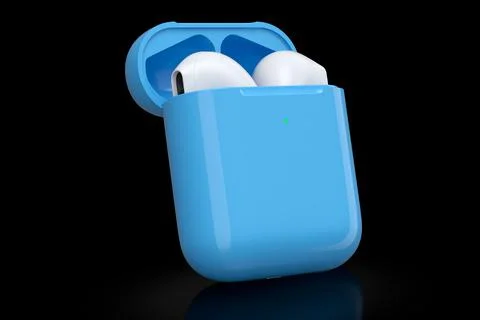 Wireless bluetooth headphones in blue case isolated on black background Stock Illustration