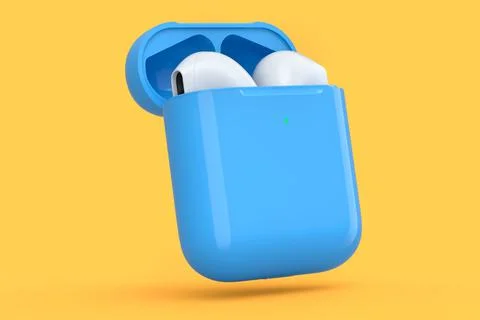 Wireless bluetooth headphones in blue case isolated on orange background Stock Illustration