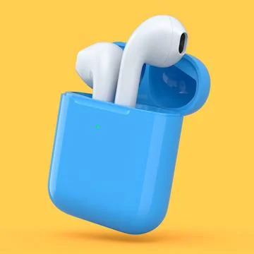 Wireless bluetooth headphones in blue case isolated on orange background Stock Illustration