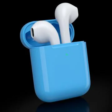 Wireless bluetooth headphones in blue case isolated on black background Stock Illustration
