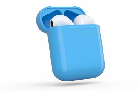 Wireless bluetooth headphones in blue case isolated on white background Stock Illustration