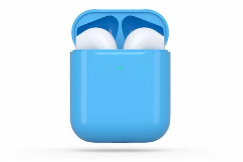 Wireless bluetooth headphones in blue case isolated on white background Stock Illustration